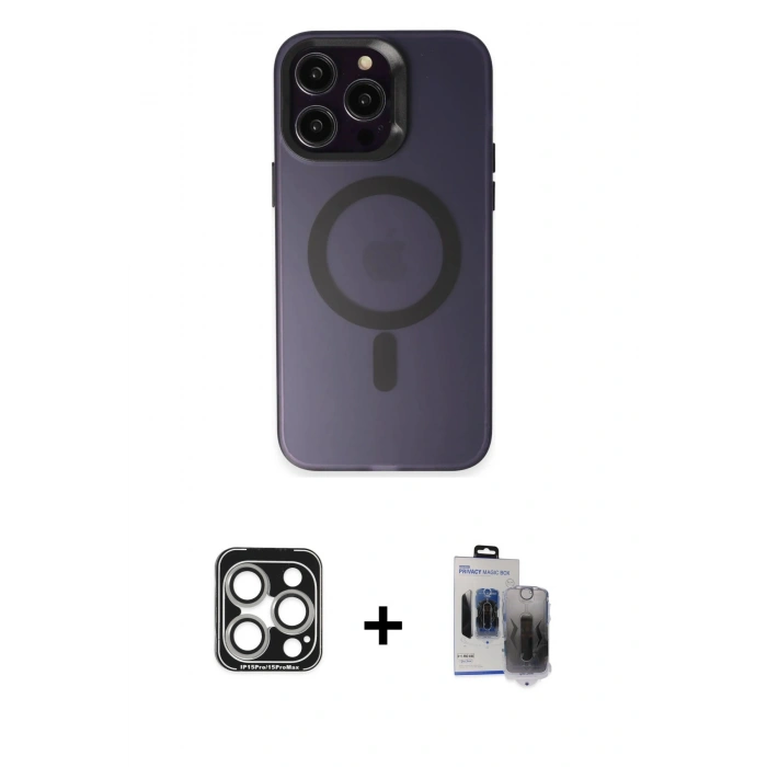 MARSİLYAN™- iPhone 15 Pro Max Kılıf Kozmos Çizgi Prime - Siyah Vanessa Magic Hayalet Cam + Gümüş PVD Metal Kamera Lens