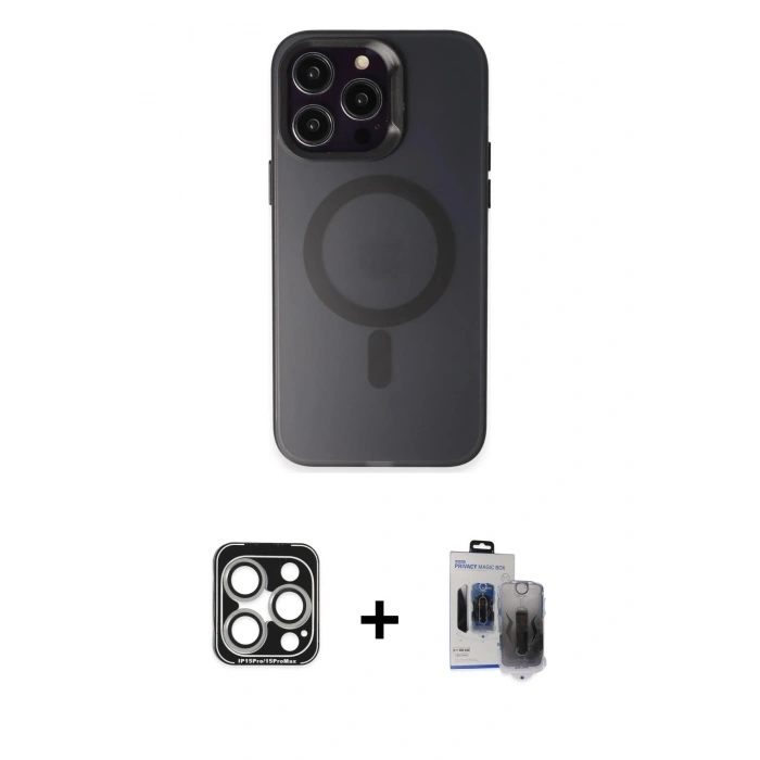 MARSİLYAN™- iPhone 15 Pro Max Kılıf Kozmos Çizgi Prime - Siyah Vanessa Magic Hayalet Cam + Gümüş PVD Metal Kamera Lens