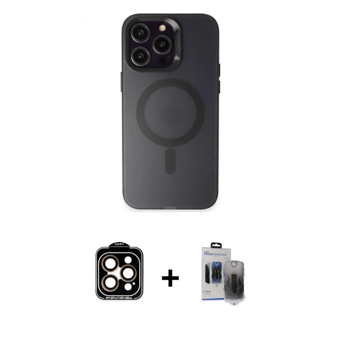 MARSİLYAN™- iPhone 15 Pro Max Kılıf Kozmos Çizgi Prime - Siyah Vanessa Magic Hayalet Cam + PVD Metal Kamera Lens - TU