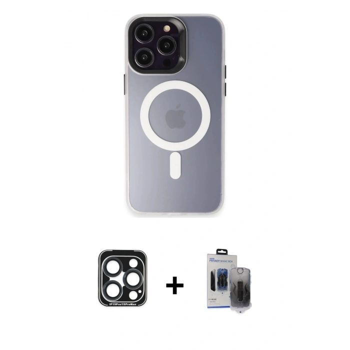 MARSİLYAN™- iPhone 15 Pro Max Kılıf Kozmos Çizgi Prime - Siyah Vanessa Magic Hayalet Cam + PVD Metal Kamera Lens - LT