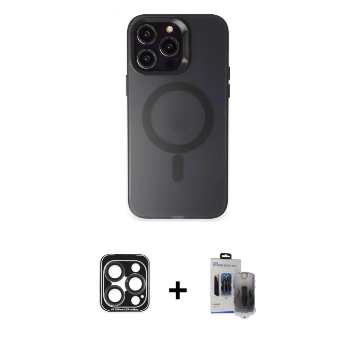MARSİLYAN™- iPhone 15 Pro Max Kılıf Kozmos Çizgi Prime - Siyah Vanessa Magic Hayalet Cam + PVD Metal Kamera Lens - LT