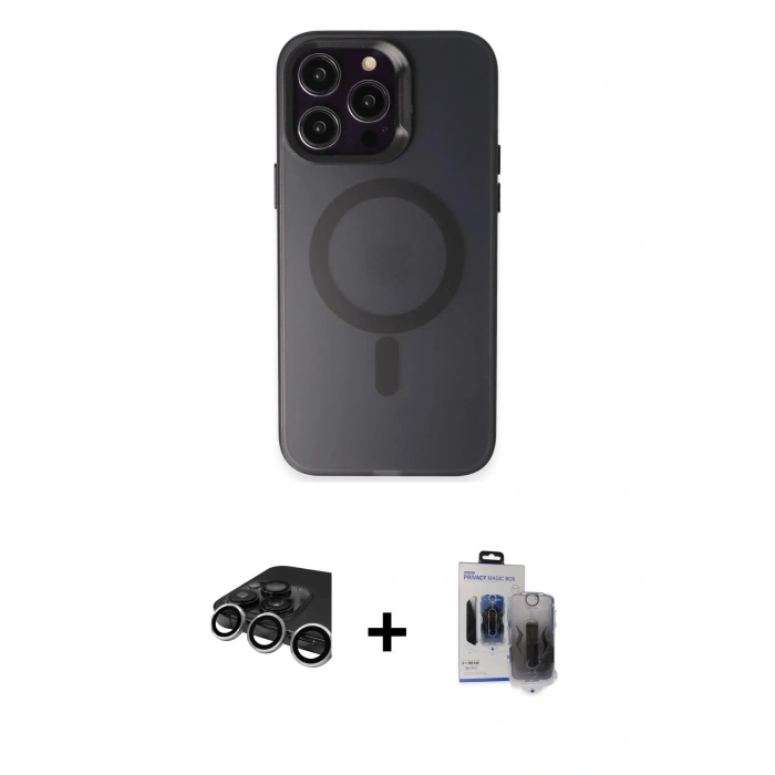 MARSİLYAN™- iPhone 15 Pro Max Kılıf Kozmos Çizgi Prime - Siyah Vanessa Magic Hayalet Cam + Raze Metal Kamera Lens - GS