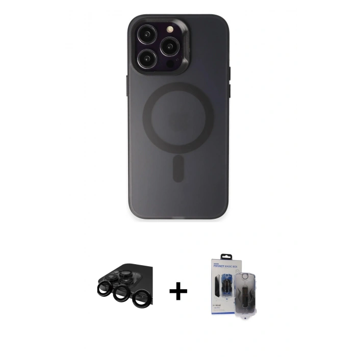 MARSİLYAN™- iPhone 15 Pro Max Kılıf Kozmos Çizgi Prime - Siyah Vanessa Magic Hayalet Cam + Raze Metal Kamera Lens - SH