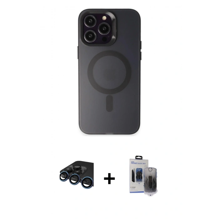 MARSİLYAN™- iPhone 15 Pro Max Kılıf Kozmos Çizgi Prime - Siyah Vanessa Magic Hayalet Cam + Raze Metal Kamera Lens - LT