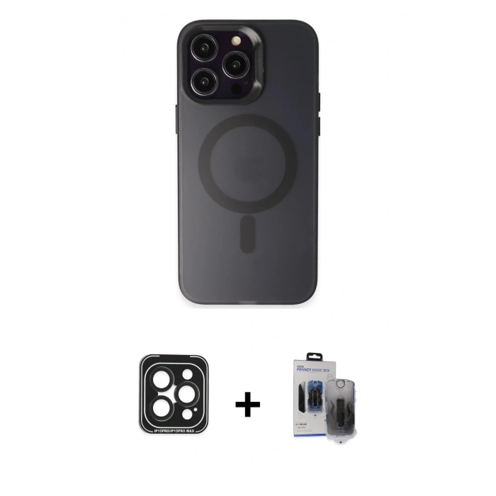 MARSİLYAN™- iPhone 15 Pro Max Kılıf Kozmos Çizgi Prime - Siyah Vanessa Magic Hayalet Cam + PVD Metal Kamera Lens - SH
