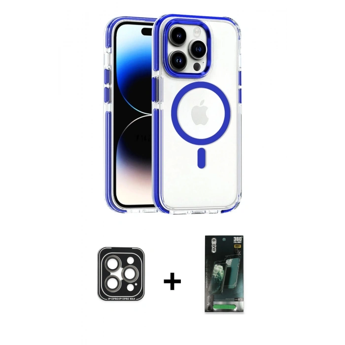 MARSİLYAN™- iPhone 15 Pro Max Kılıf Kozmos Doku Koleksiyonu - Şeffaf 360 Full Body Arka Koruyucu + Gri PVD Metal Kamera Lens