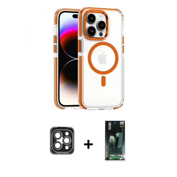 MARSİLYAN™- iPhone 15 Pro Max Kılıf Kozmos Doku Koleksiyonu - Şeffaf 360 Full Body Arka Koruyucu + Gri PVD Metal Kamera Lens
