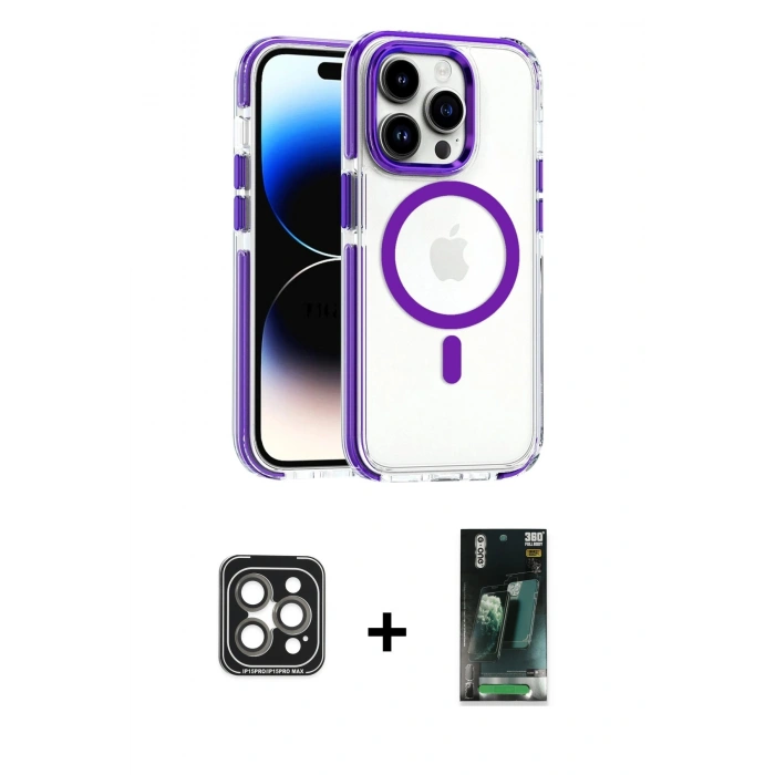 MARSİLYAN™- iPhone 15 Pro Max Kılıf Kozmos Doku Koleksiyonu - Şeffaf 360 Full Body Arka Koruyucu + Gri PVD Metal Kamera Lens