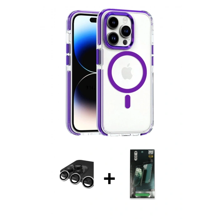 MARSİLYAN™- iPhone 15 Pro Max Kılıf Kozmos Doku Koleksiyonu - Şeffaf 360 Full Body Arka Koruyucu + Raze Metal Kamera Lens - GS