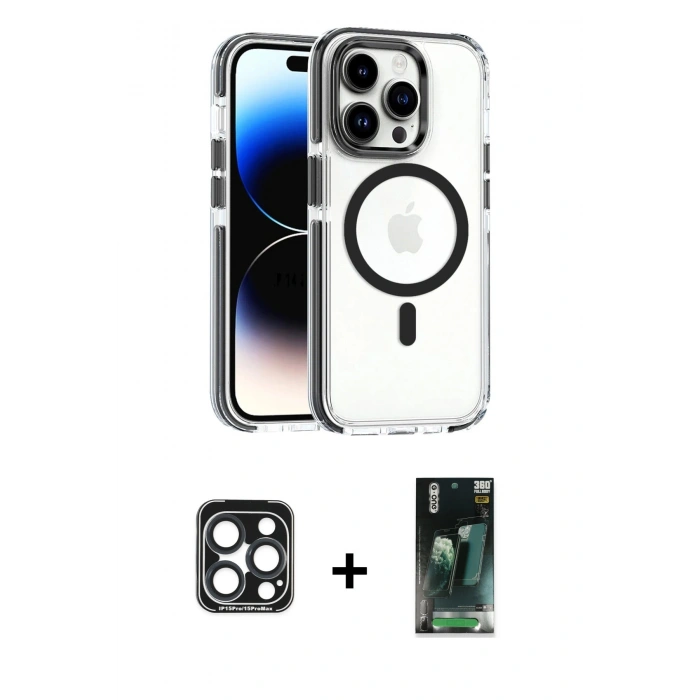 MARSİLYAN™- iPhone 15 Pro Max Kılıf Kozmos Doku Koleksiyonu - Şeffaf 360 Full Body Arka Koruyucu + PVD Metal Kamera Lens - LT
