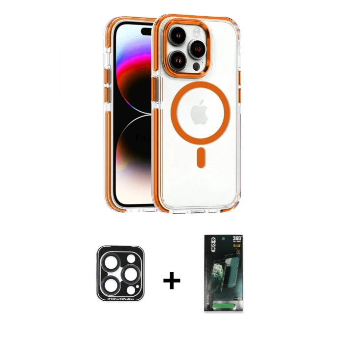 MARSİLYAN™- iPhone 15 Pro Max Kılıf Kozmos Doku Koleksiyonu - Şeffaf 360 Full Body Arka Koruyucu + PVD Metal Kamera Lens - LT