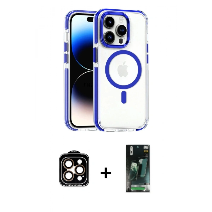 MARSİLYAN™- iPhone 15 Pro Max Kılıf Kozmos Doku Koleksiyonu - Şeffaf 360 Full Body Arka Koruyucu + PVD Metal Kamera Lens - TU