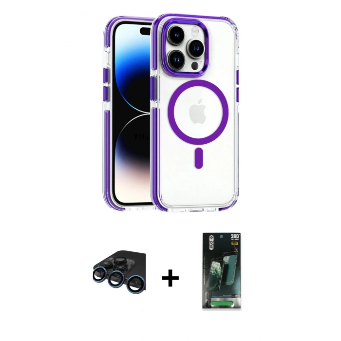MARSİLYAN™- iPhone 15 Pro Max Kılıf Kozmos Doku Koleksiyonu - Şeffaf 360 Full Body Arka Koruyucu + Raze Metal Kamera Lens - LT