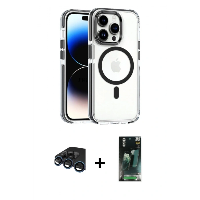 MARSİLYAN™- iPhone 15 Pro Max Kılıf Kozmos Doku Koleksiyonu - Şeffaf 360 Full Body Arka Koruyucu + Raze Metal Kamera Lens - LT