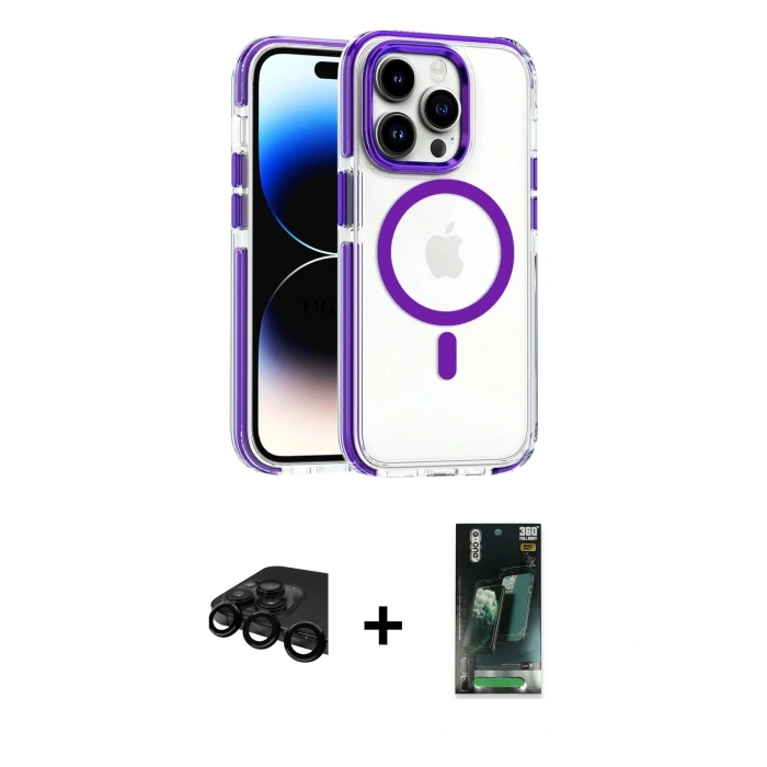 MARSİLYAN™- iPhone 15 Pro Max Kılıf Kozmos Doku Koleksiyonu - Şeffaf 360 Full Body Arka Koruyucu + Raze Metal Kamera Lens - SH