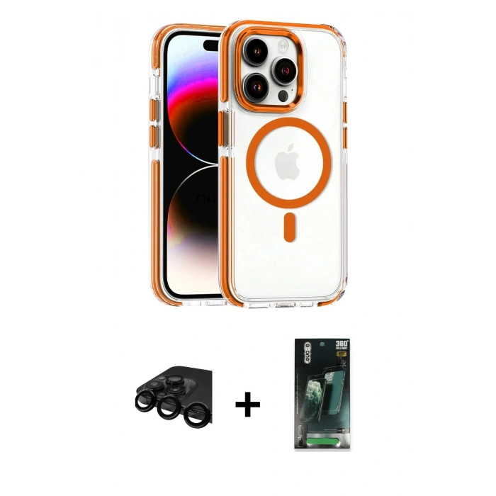 MARSİLYAN™- iPhone 15 Pro Max Kılıf Kozmos Doku Koleksiyonu - Şeffaf 360 Full Body Arka Koruyucu + Raze Metal Kamera Lens - SH