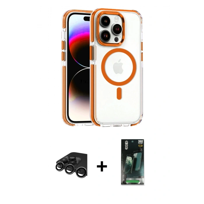 MARSİLYAN™- iPhone 15 Pro Max Kılıf Kozmos Doku Koleksiyonu - Şeffaf 360 Full Body Arka Koruyucu + Raze Metal Kamera Lens - TMGI