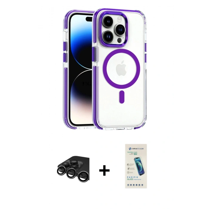MARSİLYAN™- iPhone 15 Pro Max Kılıf Kozmos Doku Koleksiyonu - Şeffaf Pasifik Cam Ekran Koruyucu + Raze Metal Kamera Lens - TMGI