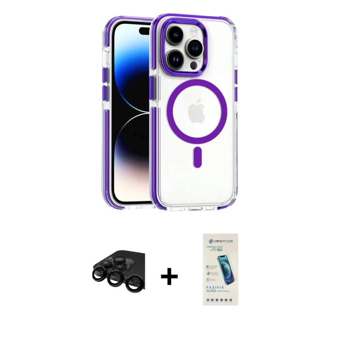 MARSİLYAN™- iPhone 15 Pro Max Kılıf Kozmos Doku Koleksiyonu - Şeffaf Pasifik Cam Ekran Koruyucu + Raze Metal Kamera Lens - SH