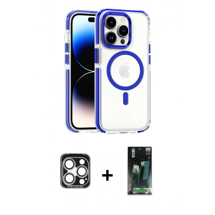 MARSİLYAN™- iPhone 15 Pro Max Kılıf Kozmos Doku Koleksiyonu - Siyah 360 Mat Full Body Arka Koruyucu + PVD Metal Kamera Lens - GS