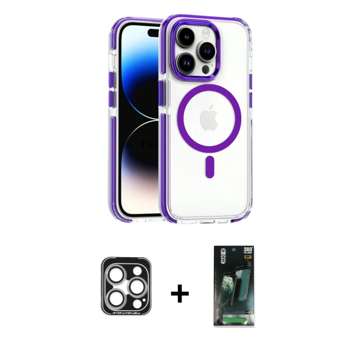 MARSİLYAN™- iPhone 15 Pro Max Kılıf Kozmos Doku Koleksiyonu - Siyah 360 Mat Full Body Arka Koruyucu + PVD Metal Kamera Lens - GS