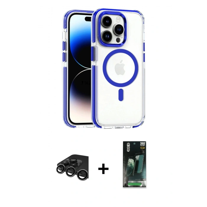 MARSİLYAN™- iPhone 15 Pro Max Kılıf Kozmos Doku Koleksiyonu - Siyah 360 Mat Full Body Arka Koruyucu + Raze Metal Kamera Lens - TMGI