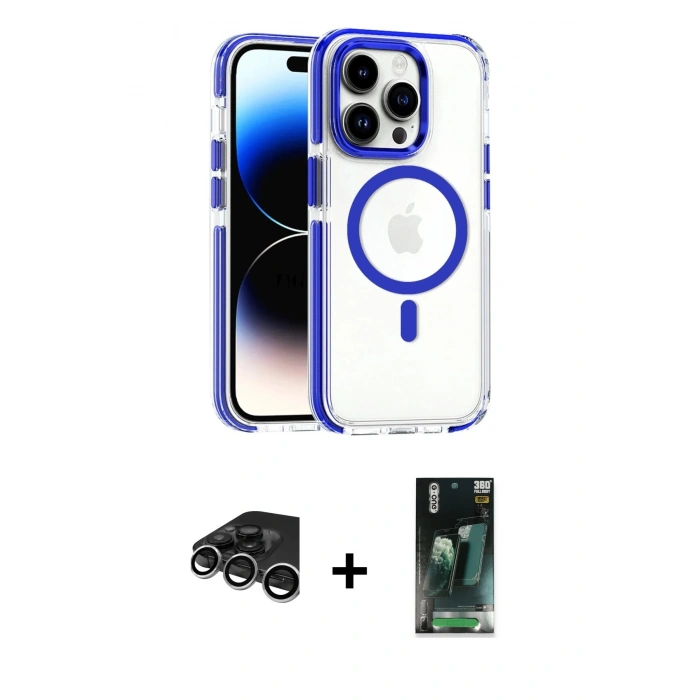 MARSİLYAN™- iPhone 15 Pro Max Kılıf Kozmos Doku Koleksiyonu - Siyah 360 Mat Full Body Arka Koruyucu + Raze Metal Kamera Lens - GS