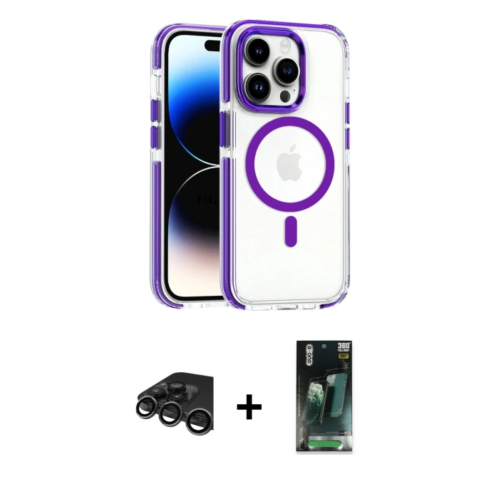 MARSİLYAN™- iPhone 15 Pro Max Kılıf Kozmos Doku Koleksiyonu - Siyah 360 Mat Full Body Arka Koruyucu + Raze Metal Kamera Lens - TMGI