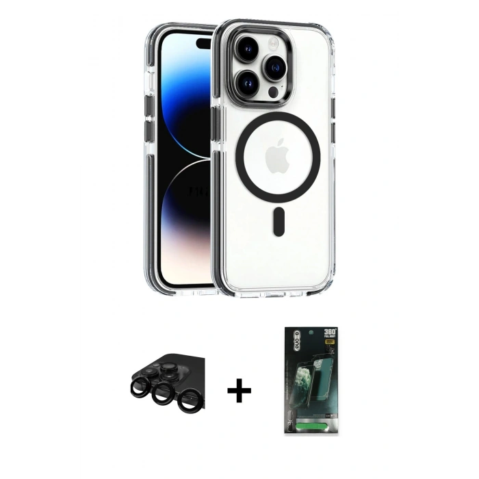 MARSİLYAN™- iPhone 15 Pro Max Kılıf Kozmos Doku Koleksiyonu - Siyah 360 Mat Full Body Arka Koruyucu + Raze Metal Kamera Lens - SH
