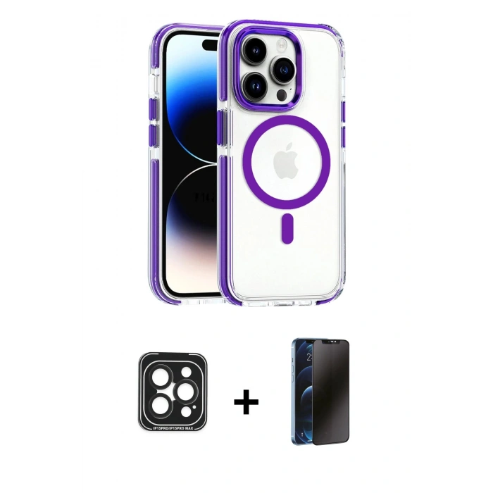 MARSİLYAN™- iPhone 15 Pro Max Kılıf Kozmos Doku Koleksiyonu - Siyah 3D Antistatik Hayalet Cam Ekran Koruyucu + PVD Metal Kamera Lens - SH