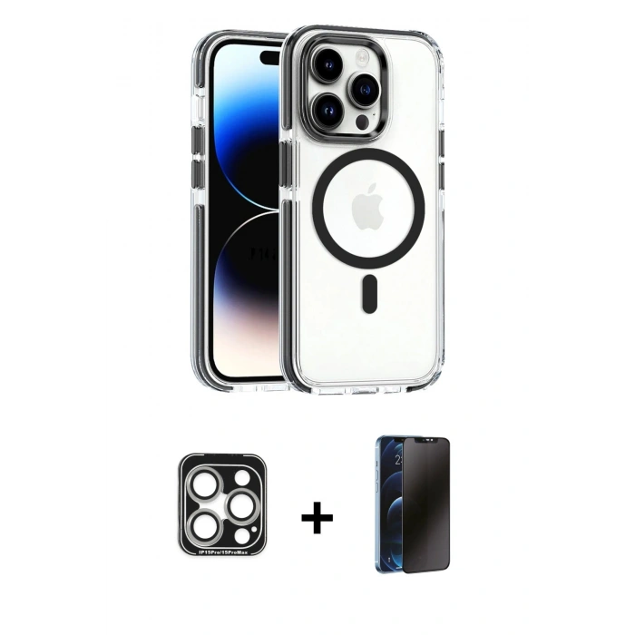 MARSİLYAN™- iPhone 15 Pro Max Kılıf Kozmos Doku Koleksiyonu - Siyah 3D Antistatik Hayalet Cam Ekran Koruyucu + PVD Metal Kamera Lens - GS
