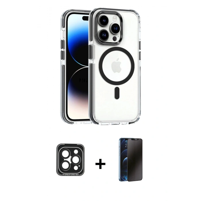 MARSİLYAN™- iPhone 15 Pro Max Kılıf Kozmos Doku Koleksiyonu - Siyah 3D Antistatik Hayalet Cam Ekran Koruyucu + PVD Metal Kamera Lens - SH