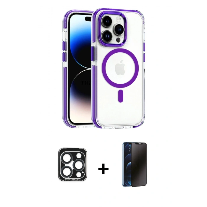 MARSİLYAN™- iPhone 15 Pro Max Kılıf Kozmos Doku Koleksiyonu - Siyah 3D Antistatik Hayalet Cam Ekran Koruyucu + PVD Metal Kamera Lens - LT