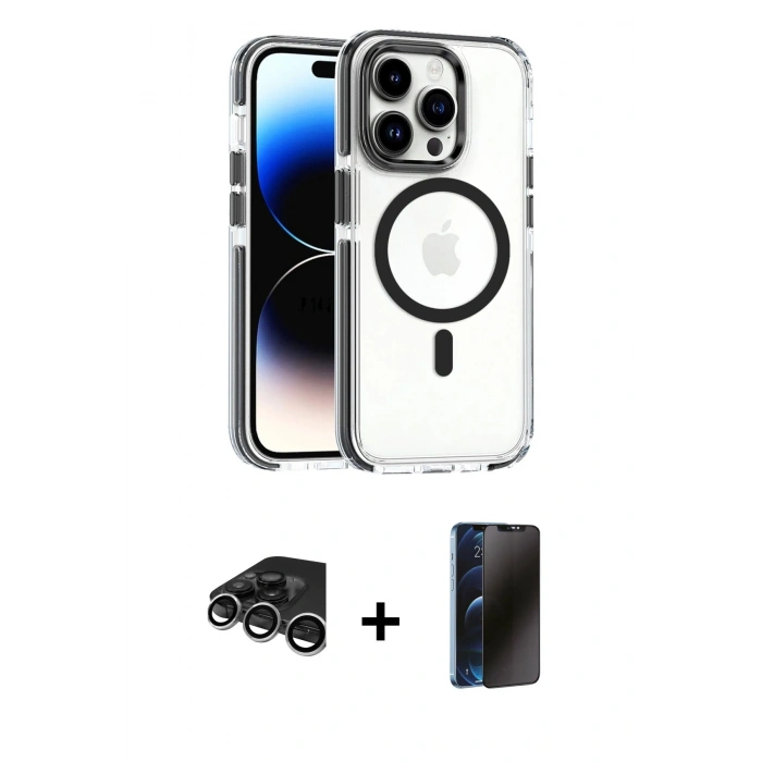 MARSİLYAN™- iPhone 15 Pro Max Kılıf Kozmos Doku Koleksiyonu - Siyah 3D Antistatik Hayalet Cam Ekran Koruyucu + Raze Metal Kamera Lens - GS
