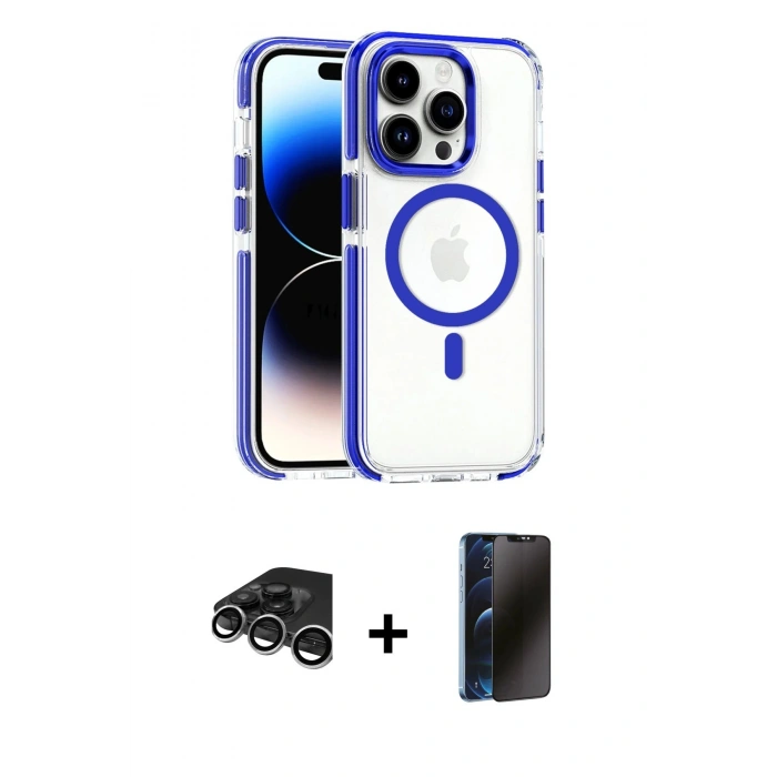 MARSİLYAN™- iPhone 15 Pro Max Kılıf Kozmos Doku Koleksiyonu - Siyah 3D Antistatik Hayalet Cam Ekran Koruyucu + Raze Metal Kamera Lens - GS