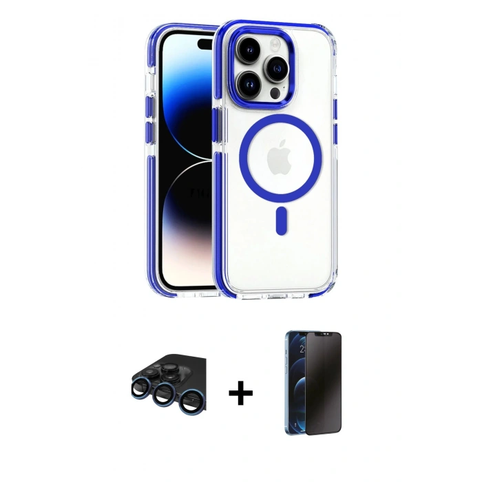 MARSİLYAN™- iPhone 15 Pro Max Kılıf Kozmos Doku Koleksiyonu - Siyah 3D Antistatik Hayalet Cam Ekran Koruyucu + Raze Metal Kamera Lens - LT