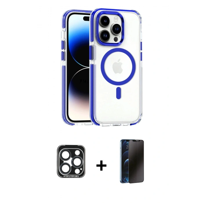 MARSİLYAN™- iPhone 15 Pro Max Kılıf Kozmos Doku Koleksiyonu - Siyah 3D Antistatik Hayalet Cam Ekran Koruyucu + PVD Metal Kamera Lens - LT
