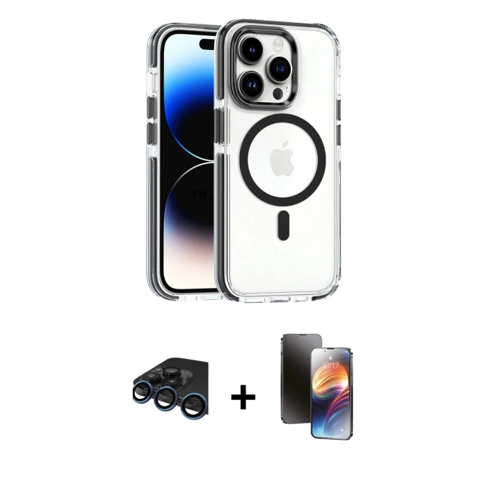 MARSİLYAN™- iPhone 15 Pro Max Kılıf Kozmos Doku Koleksiyonu - Siyah 3D Antistatik Mat Seramik Nano Ekran Koruyucu + Raze Metal Kamera Lens - LT