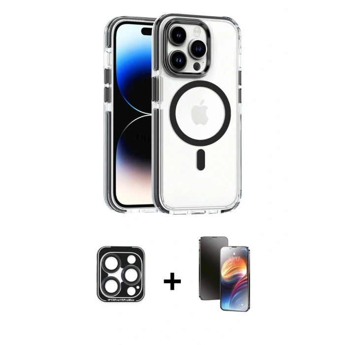 MARSİLYAN™- iPhone 15 Pro Max Kılıf Kozmos Doku Koleksiyonu - Siyah 3D Antistatik Mat Seramik Nano Ekran Koruyucu + PVD Metal Kamera Lens - LT