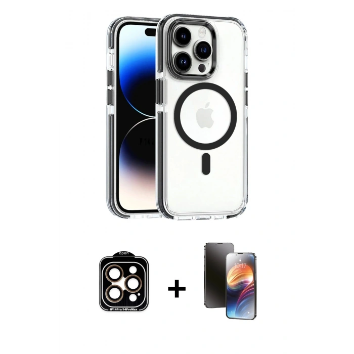 MARSİLYAN™- iPhone 15 Pro Max Kılıf Kozmos Doku Koleksiyonu - Siyah 3D Antistatik Mat Seramik Nano Ekran Koruyucu + PVD Metal Kamera Lens - TU