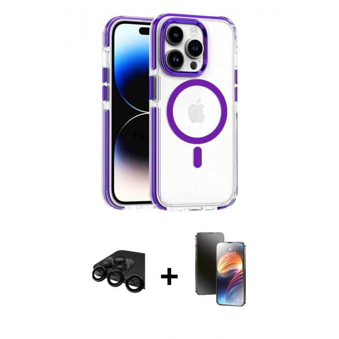 MARSİLYAN™- iPhone 15 Pro Max Kılıf Kozmos Doku Koleksiyonu - Siyah 3D Antistatik Mat Seramik Nano Ekran Koruyucu + Siyah Raze Metal Kamera Lens
