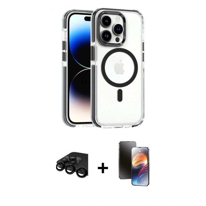 MARSİLYAN™- iPhone 15 Pro Max Kılıf Kozmos Doku Koleksiyonu - Siyah 3D Antistatik Mat Seramik Nano Ekran Koruyucu + Siyah Raze Metal Kamera Lens