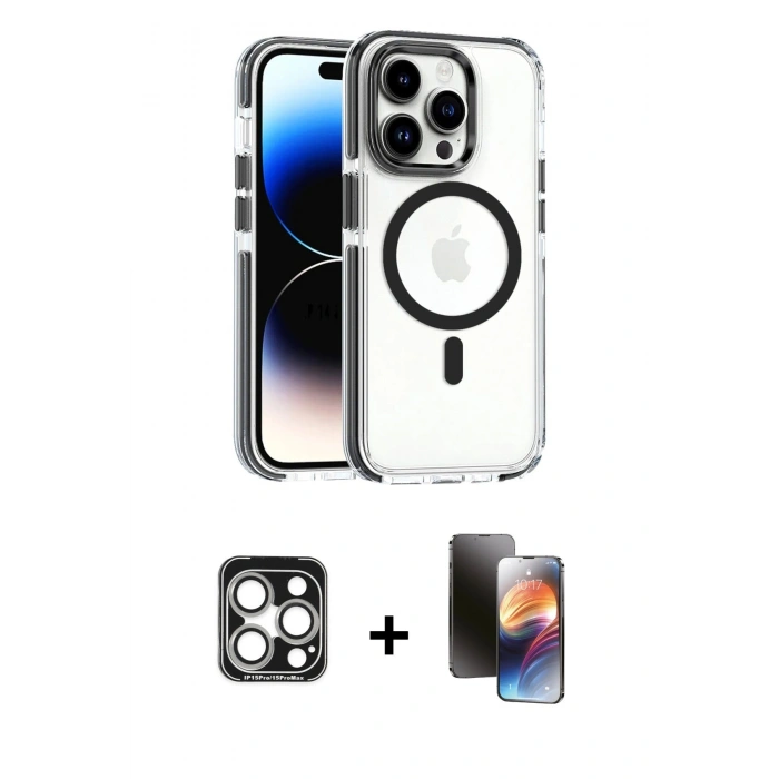 MARSİLYAN™- iPhone 15 Pro Max Kılıf Kozmos Doku Koleksiyonu - Siyah 3D Antistatik Mat Seramik Nano Ekran Koruyucu + PVD Metal Kamera Lens - GS