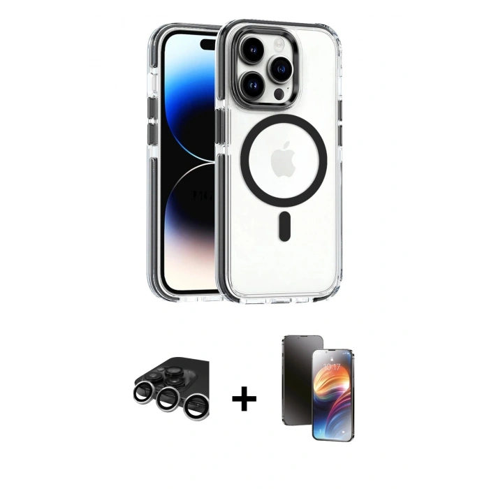 MARSİLYAN™- iPhone 15 Pro Max Kılıf Kozmos Doku Koleksiyonu - Siyah 3D Antistatik Mat Seramik Nano Ekran Koruyucu + Raze Metal Kamera Lens - GS
