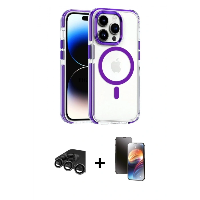 MARSİLYAN™- iPhone 15 Pro Max Kılıf Kozmos Doku Koleksiyonu - Siyah 3D Antistatik Mat Seramik Nano Ekran Koruyucu + Titanyum Gri Raze Metal Kamera Lens