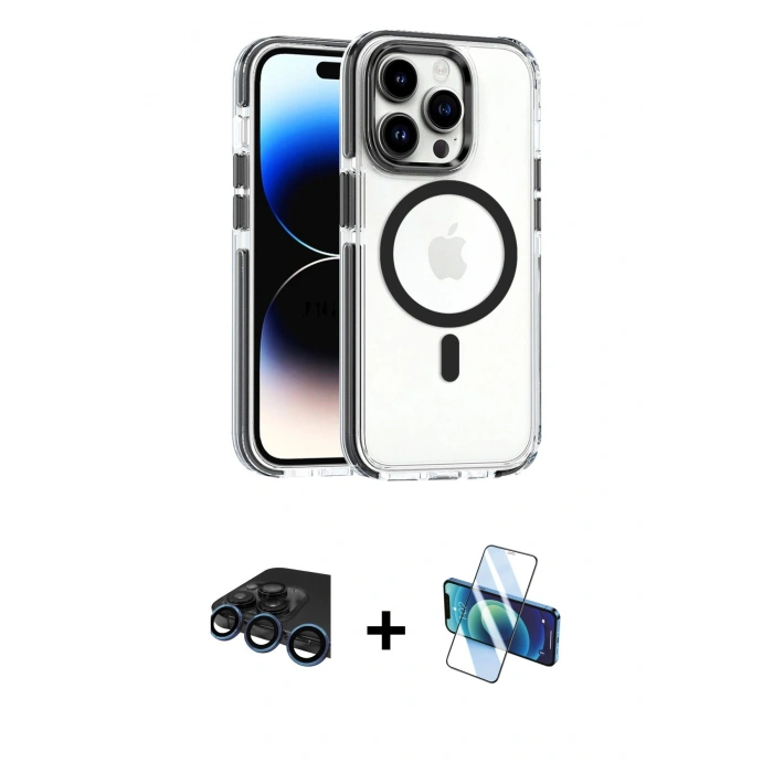 MARSİLYAN™- iPhone 15 Pro Max Kılıf Kozmos Doku Koleksiyonu - Siyah 3D Antistatik Seramik Nano Ekran Koruyucu + Raze Metal Kamera Lens - LT