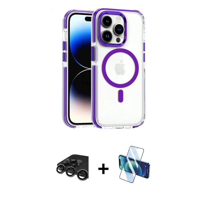MARSİLYAN™- iPhone 15 Pro Max Kılıf Kozmos Doku Koleksiyonu - Siyah 3D Antistatik Seramik Nano Ekran Koruyucu + Raze Metal Kamera Lens - TMGI