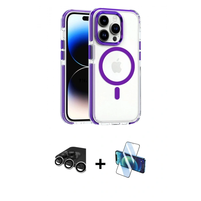 MARSİLYAN™- iPhone 15 Pro Max Kılıf Kozmos Doku Koleksiyonu - Siyah 3D Antistatik Seramik Nano Ekran Koruyucu + Raze Metal Kamera Lens - GS