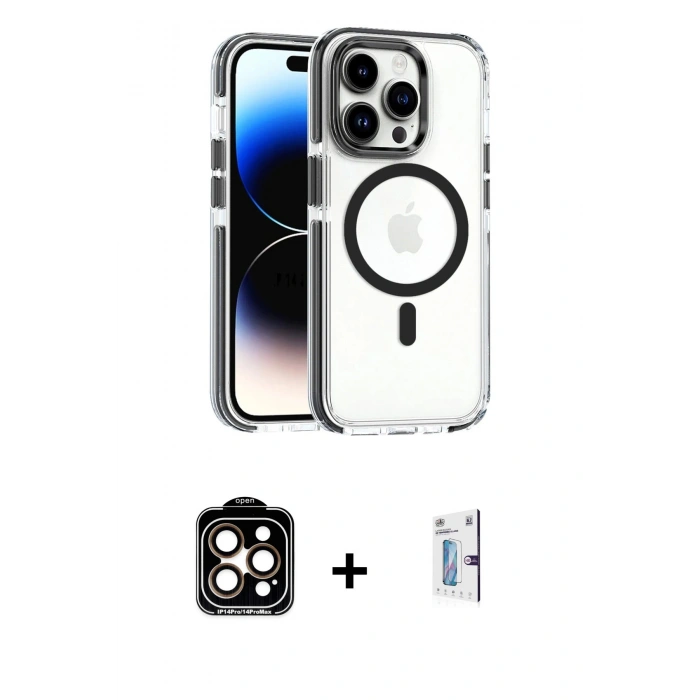 MARSİLYAN™- iPhone 15 Pro Max Kılıf Kozmos Doku Koleksiyonu - Siyah Bilvis 0.18mm Plus Cam Ekran Koruyucu + PVD Metal Kamera Lens - TU