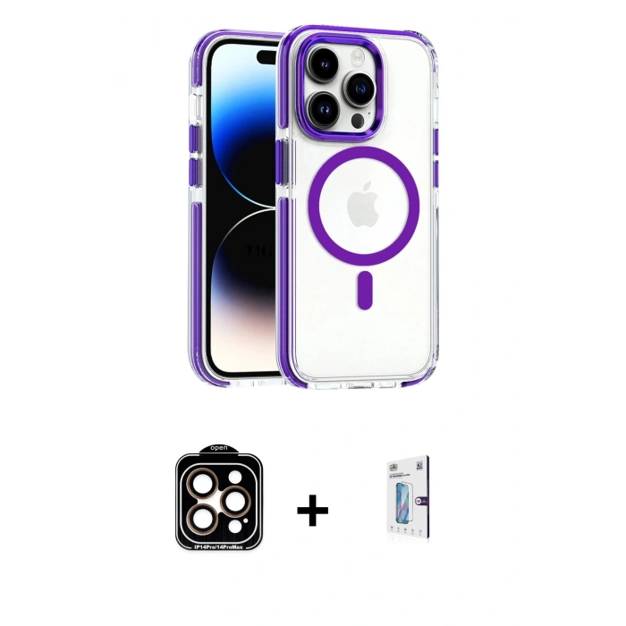 MARSİLYAN™- iPhone 15 Pro Max Kılıf Kozmos Doku Koleksiyonu - Siyah Bilvis 0.18mm Plus Cam Ekran Koruyucu + PVD Metal Kamera Lens - TU